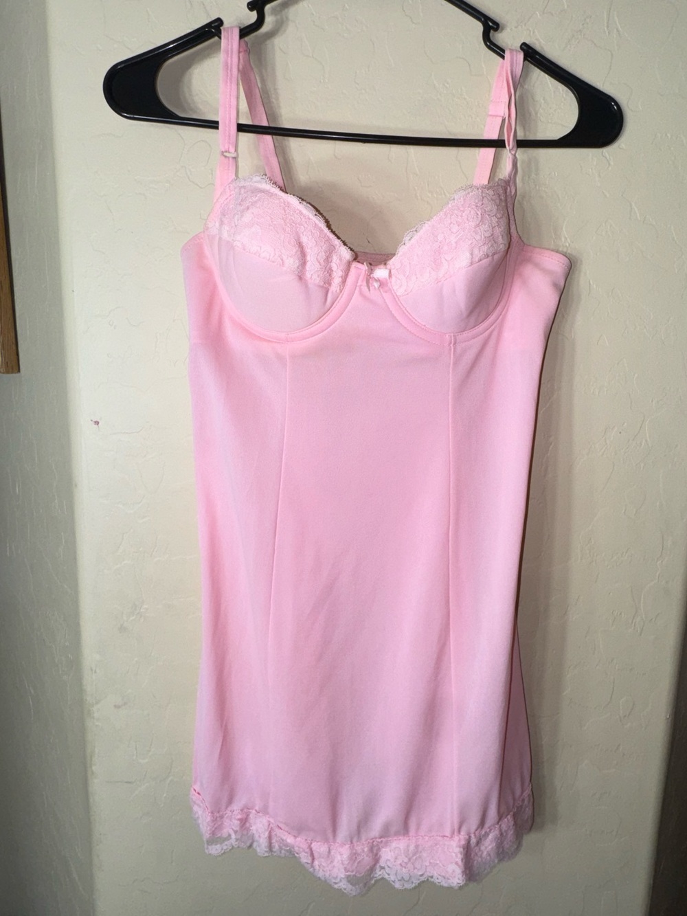 Vintage Adonna Pink Lace Trim Underwire Chemise Slip Nightgown 34A 1970s 1980s